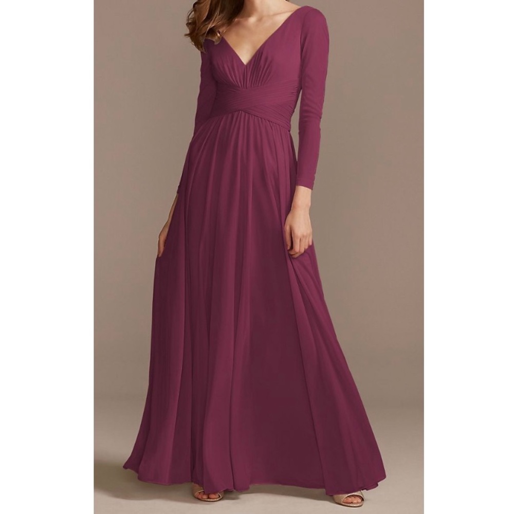 Mesh Illusion Long Sleeve Bridesmaid Dress in Wine- size 14
